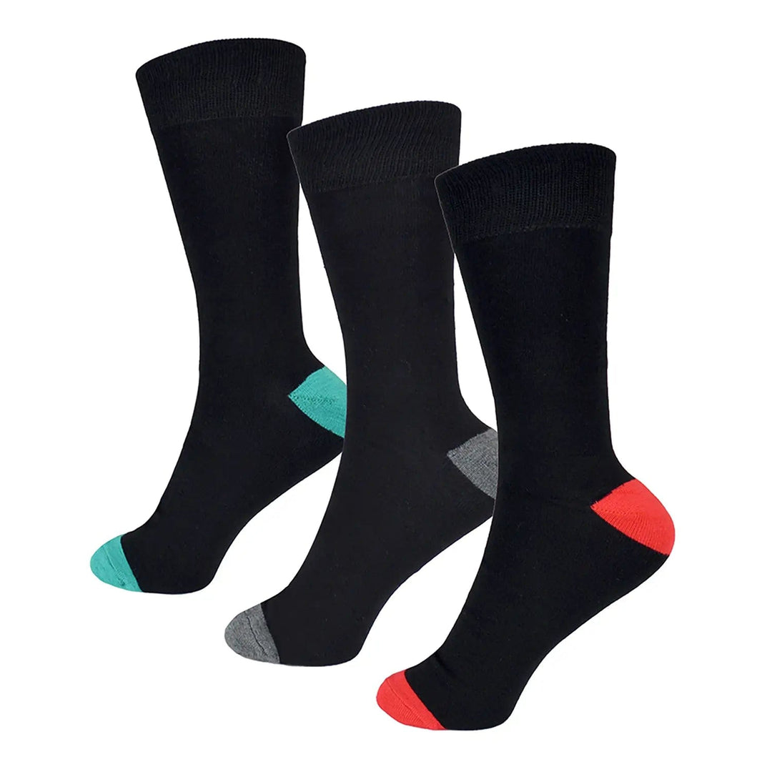 3 black socks with brightly coloured heel and toe