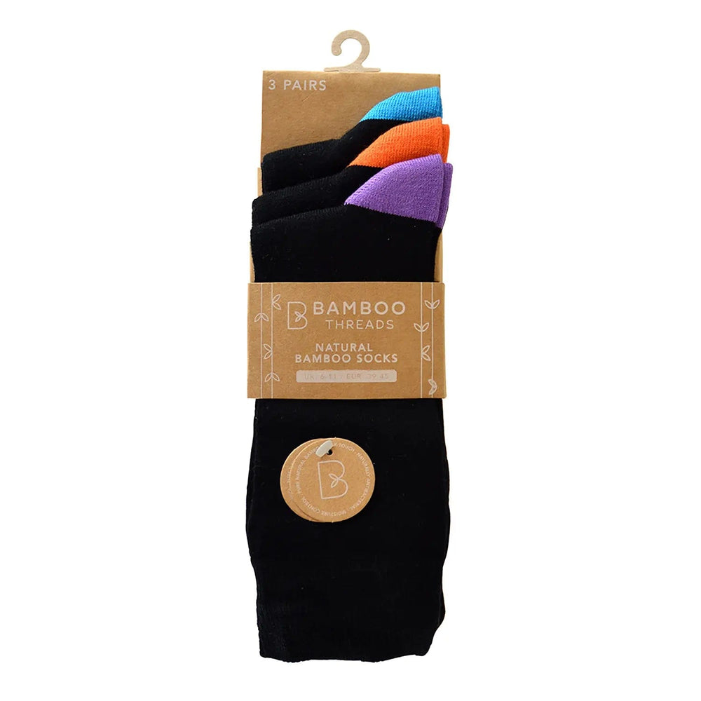 pack of  pairs of natural bamboo socks in black with purple, orange and blue colour heels and toes