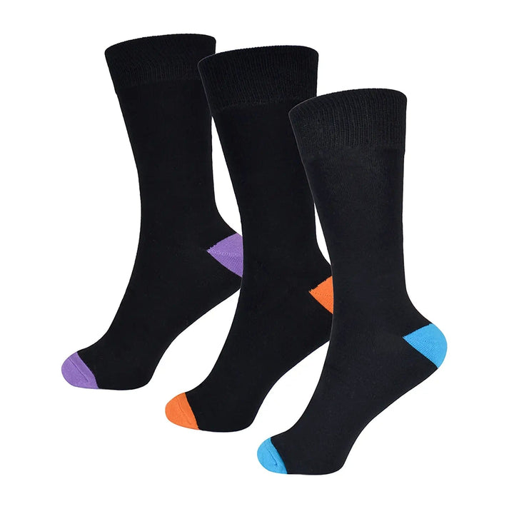 3 black socks with brightly coloured purple, orange and blue heel and toe