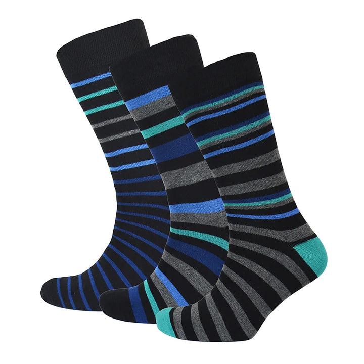 3 black socks with blues, greys and turquoise stripes