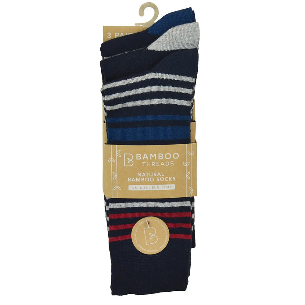 3 pairs of men's navy blue bamboo socks with assorted colour stripes