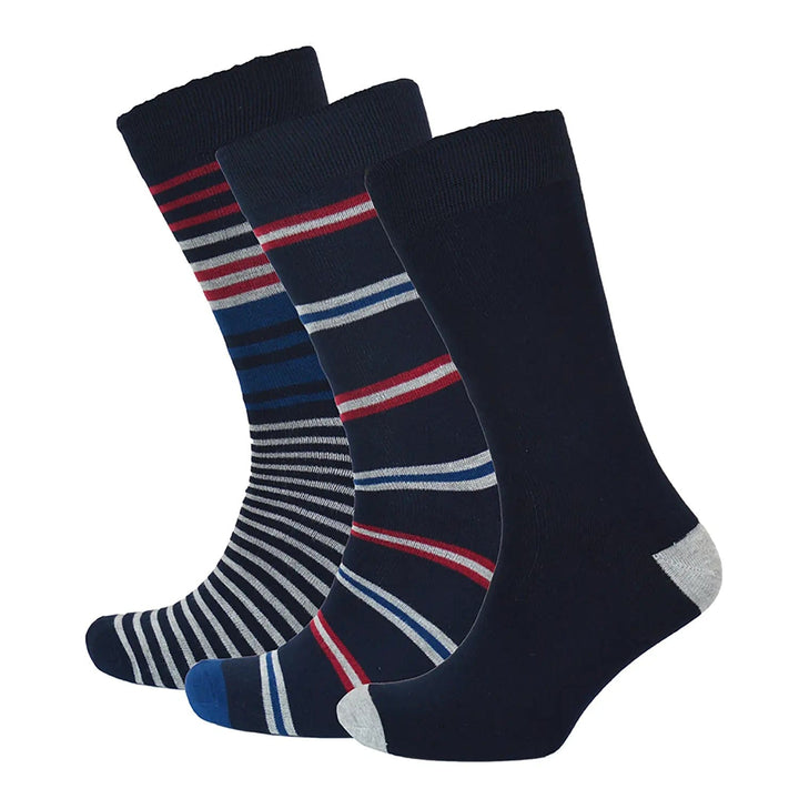 3 dark navy socks with red, blue and light grey stripes