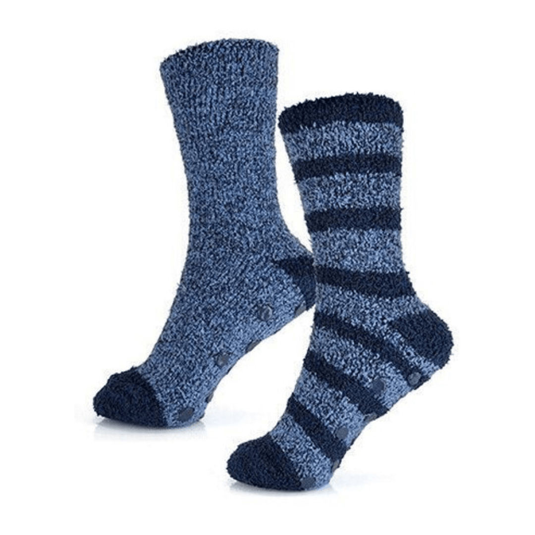 blue socks featuring blue and navy blue stripes and solid blue marl design with contrasting heel and toes