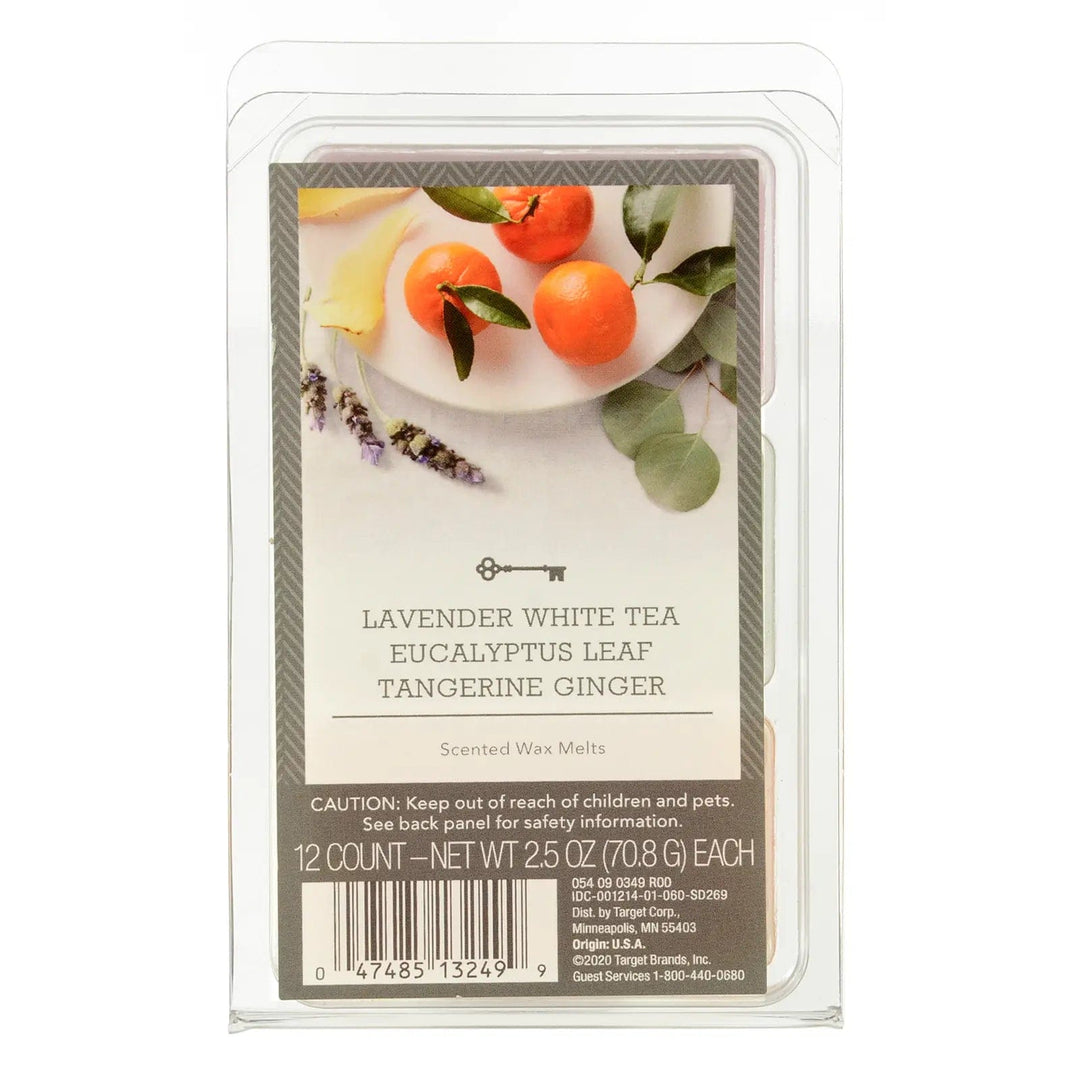 Pack of 12 scented wax melts with Lavender White Tea Eucalyptus Leaf Tangerine and Ginger fragrances