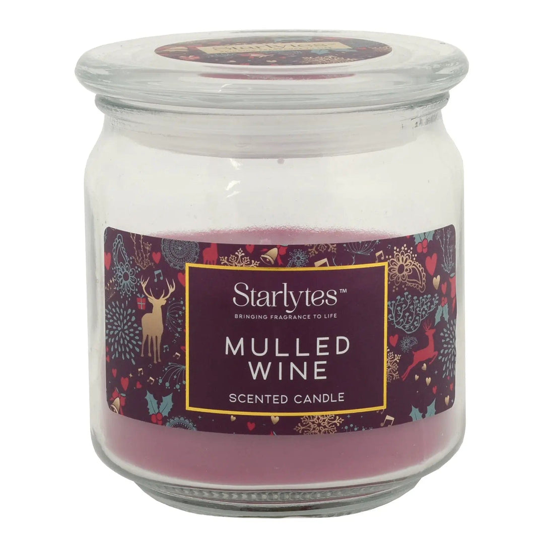 Mulled Wine scented Christmas candle in glass jar with lid and purple wax