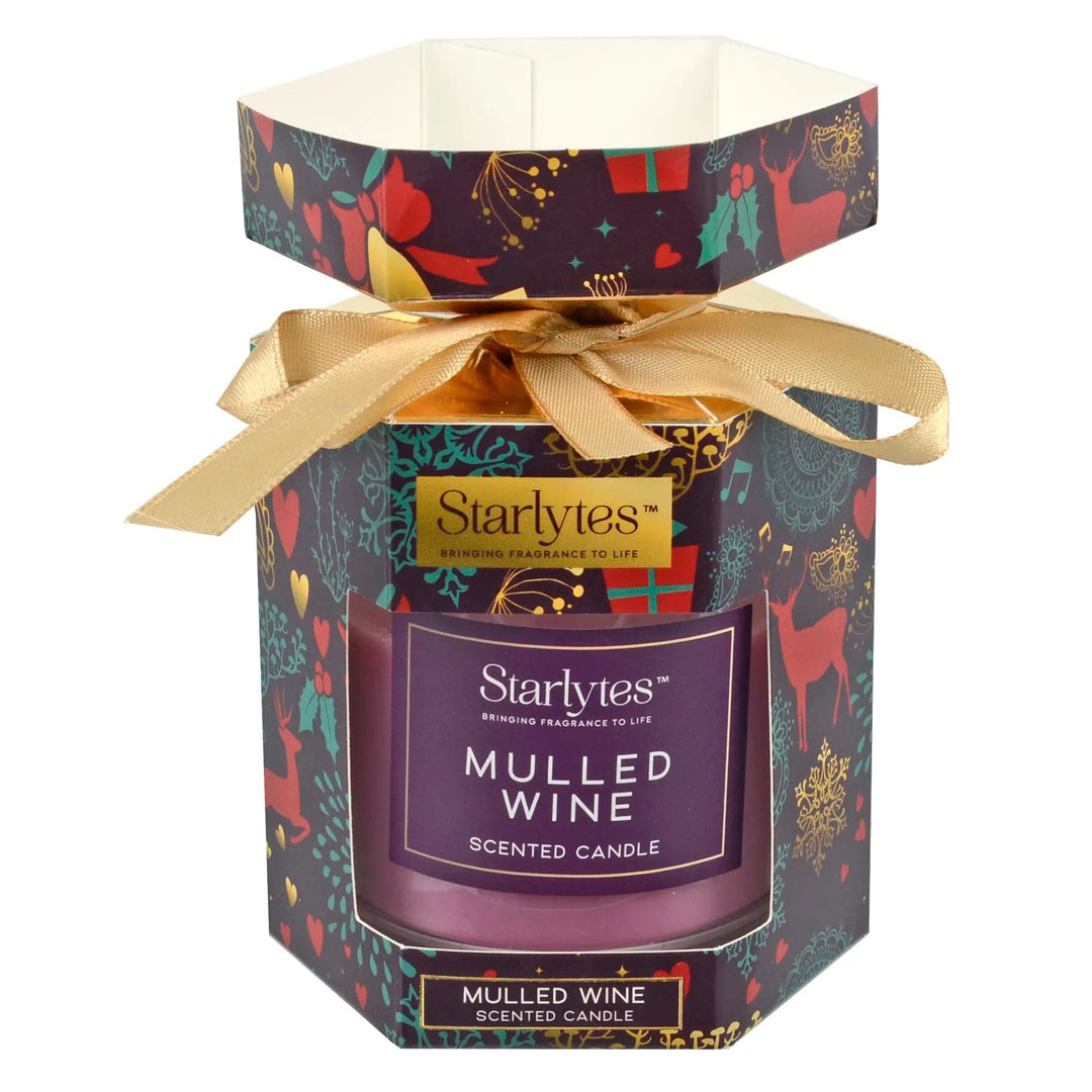 Christmas Cracker packaged Mulled Wine scented candle with gold ribbon