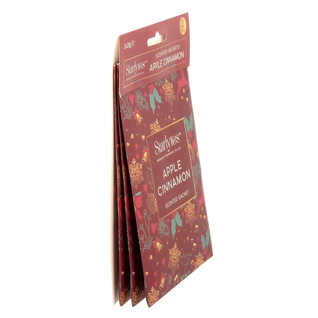 Side view of Christmas Apple Cinnamon scented sachets in a pack of 3