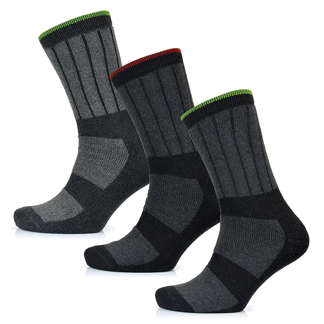 Set of 3 grey and black work socks with green and red top trim