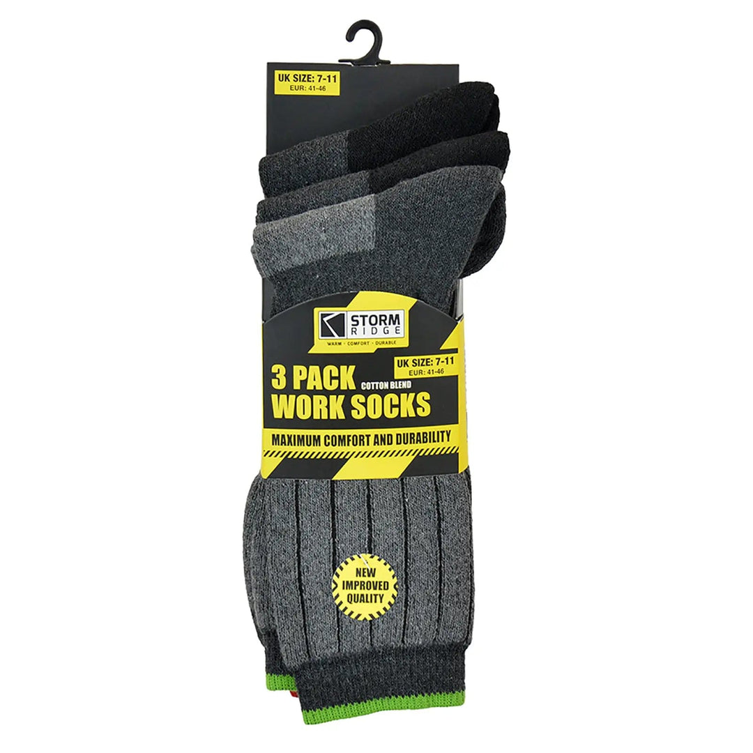 Pack of 3 mens work socks in grey and black with green top band for UK size 7-11