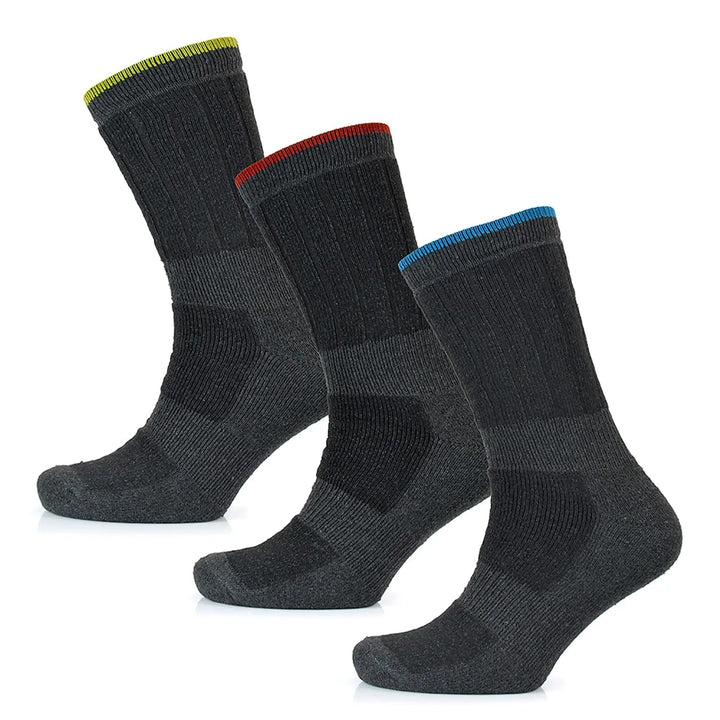 Set of 3 grey and black work socks with yellow red and blue top trim