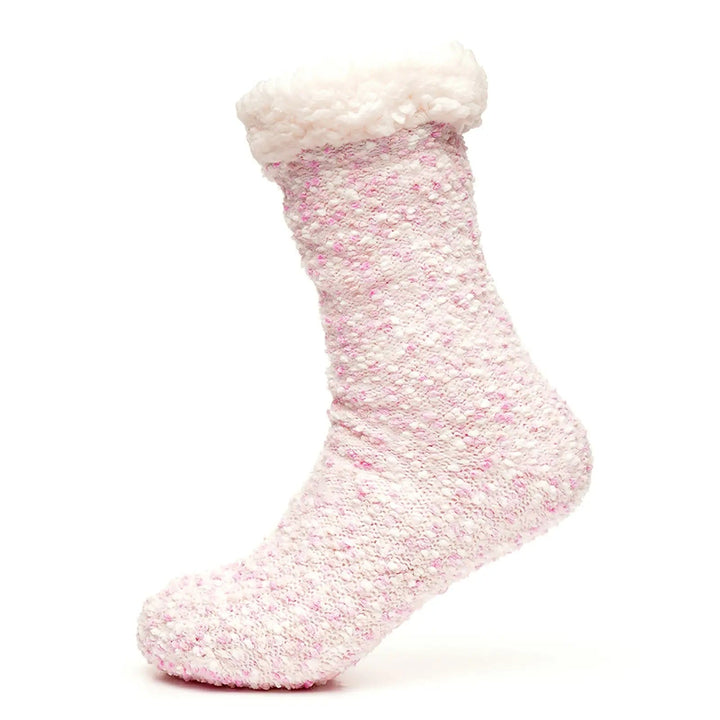 Pink popcorn pattern slipper sock with thick sherpa fleece trim