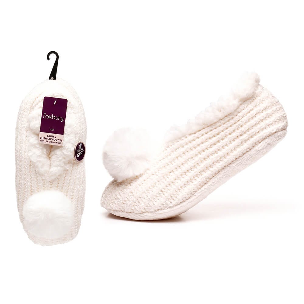 cream chenille footies with fluffy pom pom and sherpa fleece lining