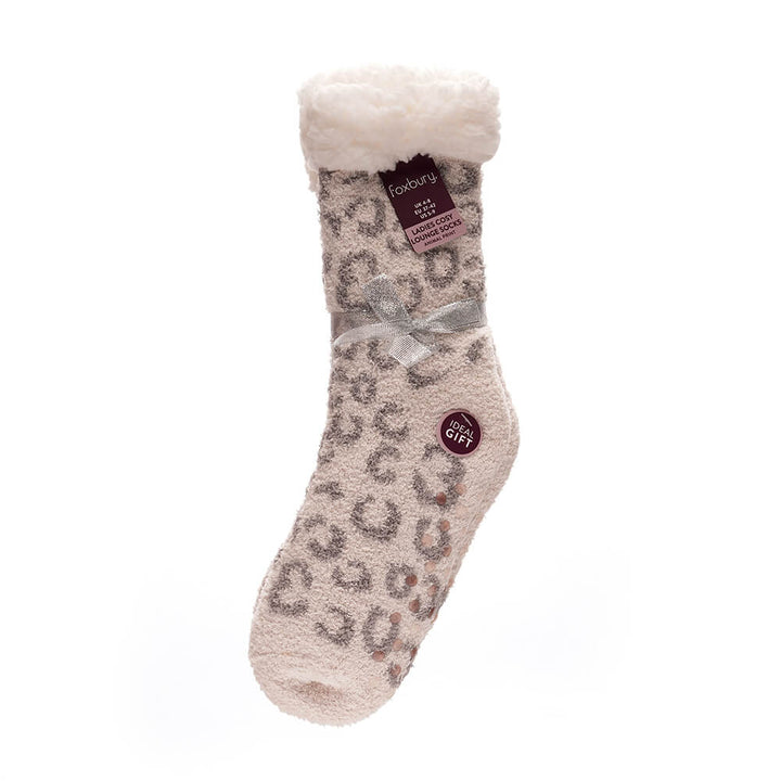 grey animal print lounge socks with sherpa trim