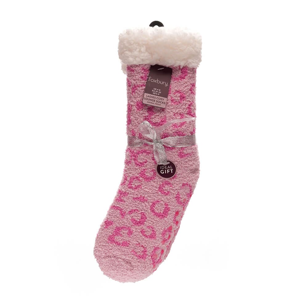 pink animal print lounge socks with sherpa trim