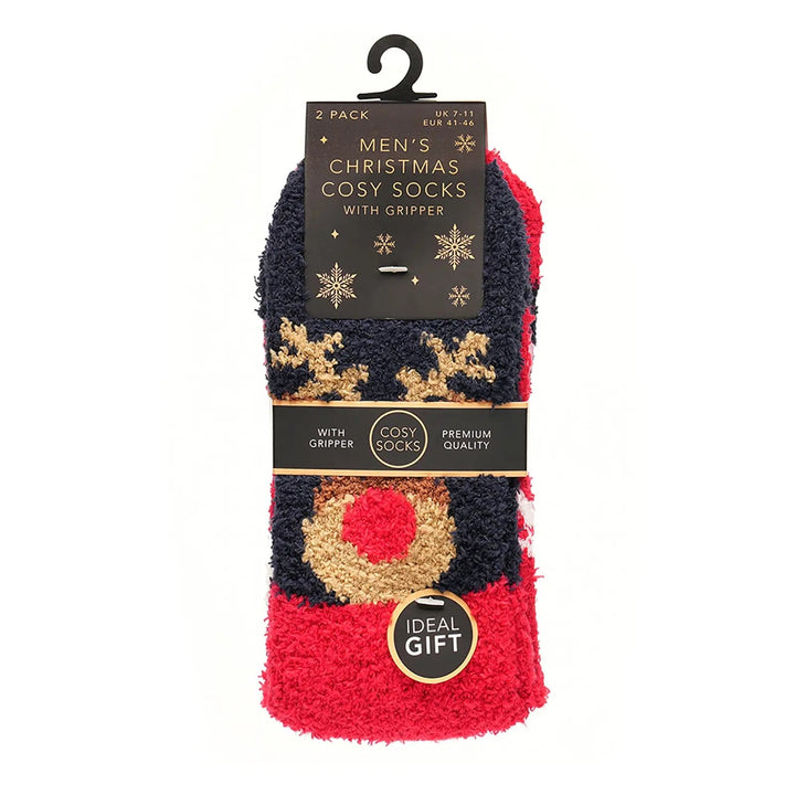 Pack of 2 pairs of Mens reindeer Christmas cosy socks with grippers