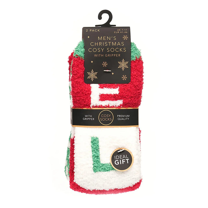 Packaging of 2 pairs of Men's Christmas cosy socks with grippers and red and green elf design