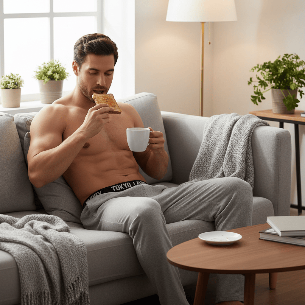 Man sitting on a couch in a living room, eating toast and holding a mug.