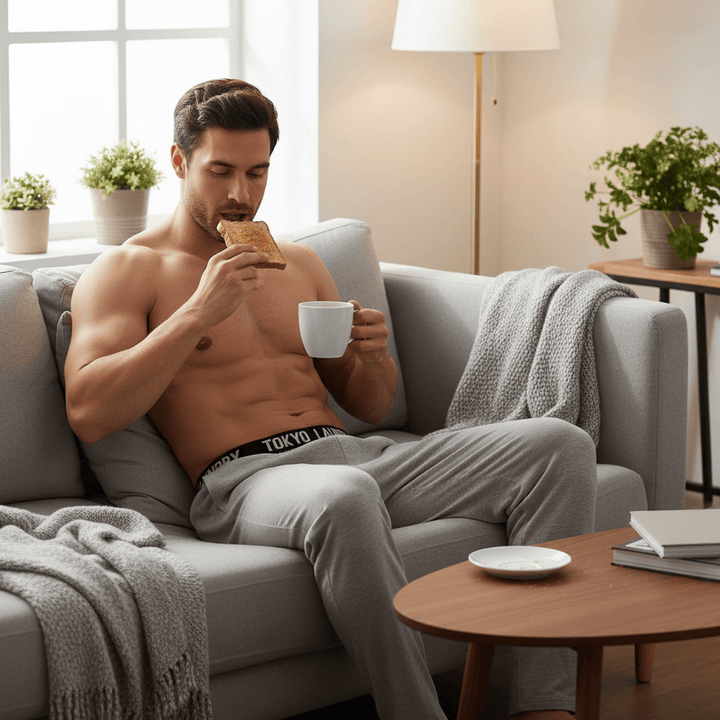 Man sitting on a couch in a living room, eating toast and holding a mug.