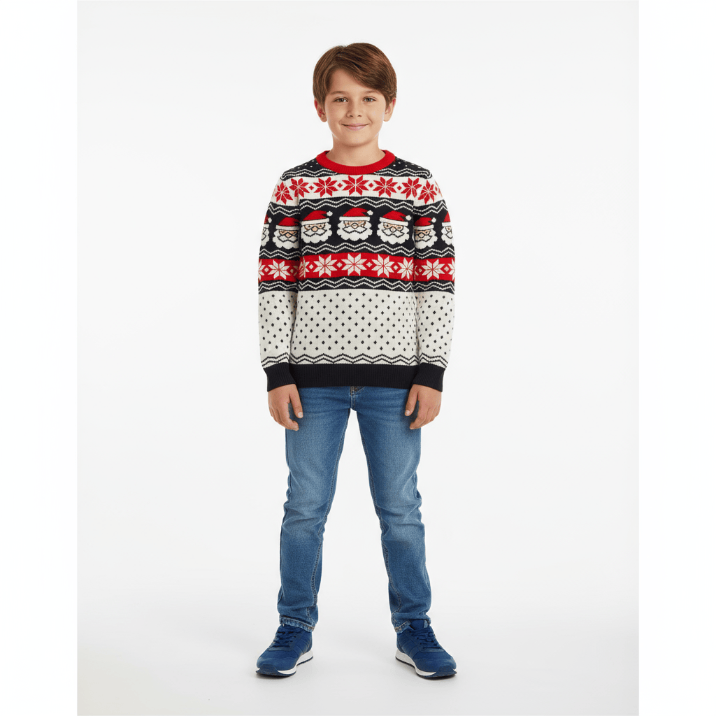 Kids Christmas Jumper Santa Head Snowflakes Red Black Nordic