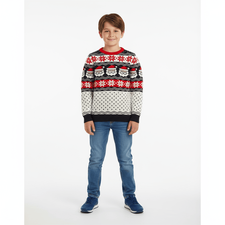 Kids Christmas Jumper Santa Head Snowflakes Red Black Nordic