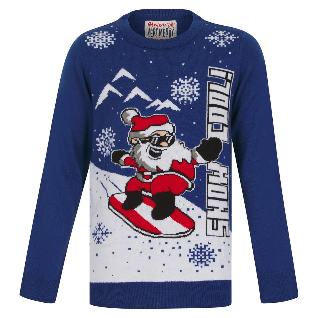 Blue Christmas jumper with snowboarding Santa design and Snow Cool text