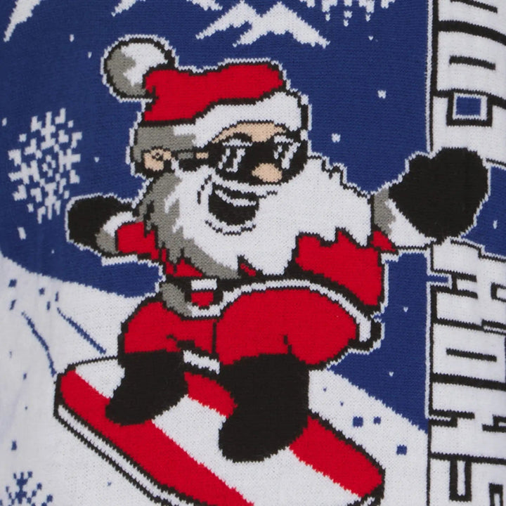 Close up of soft knit kids Christmas jumper with snowboarding Santa design