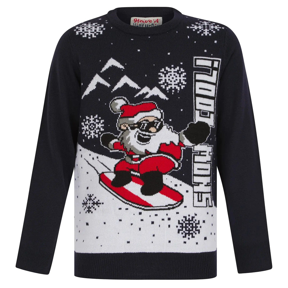 Black and white Christmas jumper with snowboarding Santa and Snow Cool text design