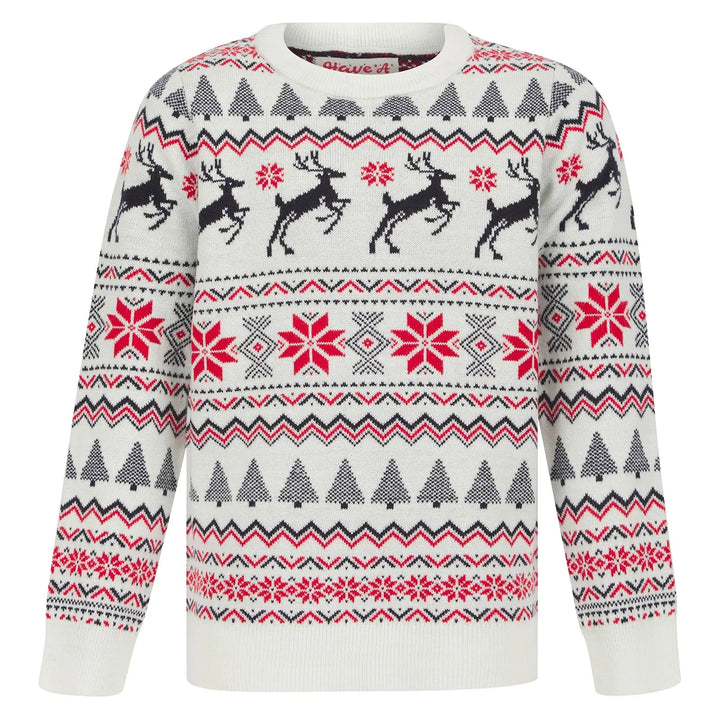 Kids Christmas jumper with white Fair Isle style pattern featuring reindeer, Christmas trees and poinsettia flowers