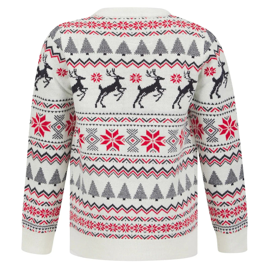 Back of a Christmas jumper with white Fair Isle style pattern featuring reindeer, Christmas trees and poinsettia flowers