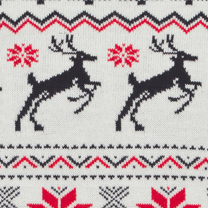 Close up of knitted Christmas jumper with Fair Isle reindeer and red flowers pattern