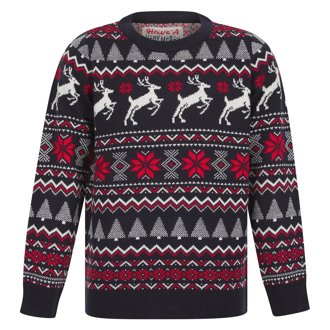 Kids Christmas jumper with black Fair Isle style pattern featuring reindeer, Christmas trees and poinsettia flowers