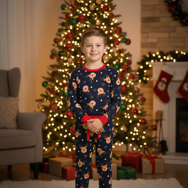 Young boy in pajamas standing in a festive living room with Christmas tree and decorations.