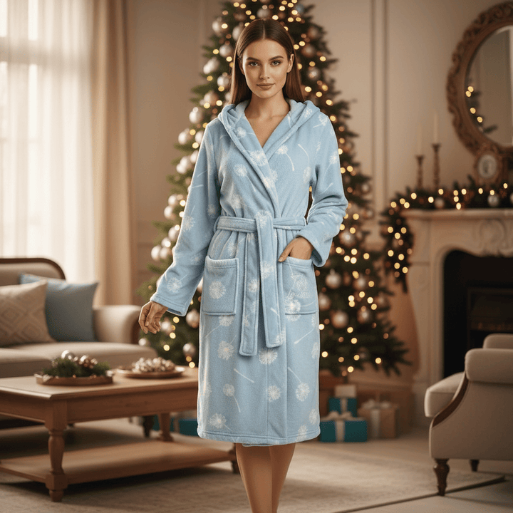 Woman wearing a light blue robe with floral patterns in a cozy living room with a Christmas tree.