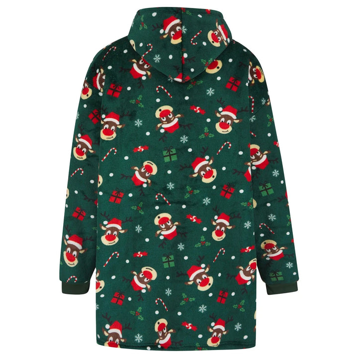 Back of green Christmas hoodie blanket with reindeer head pattern