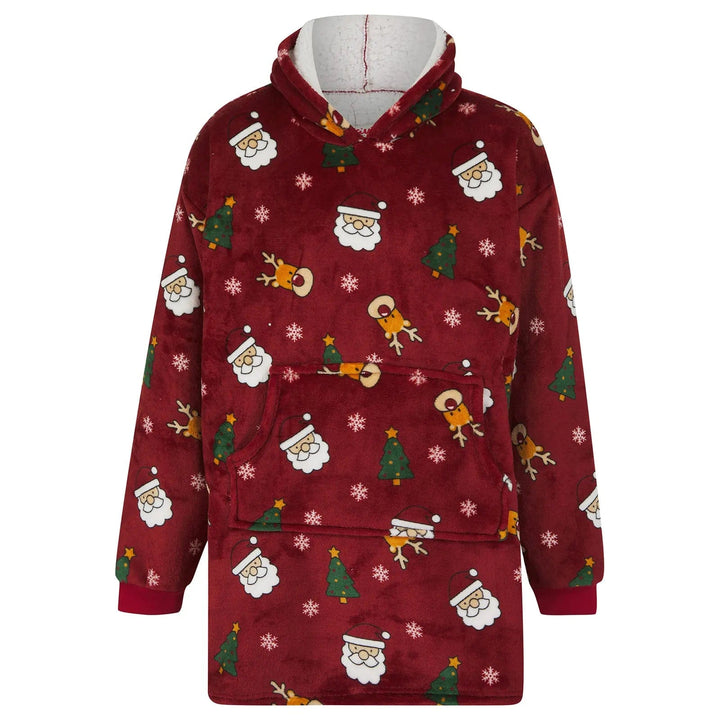 Large dark red Christmas hoodie blanket with reindeer, Santa and Christmas tree pattern and white fleece lining