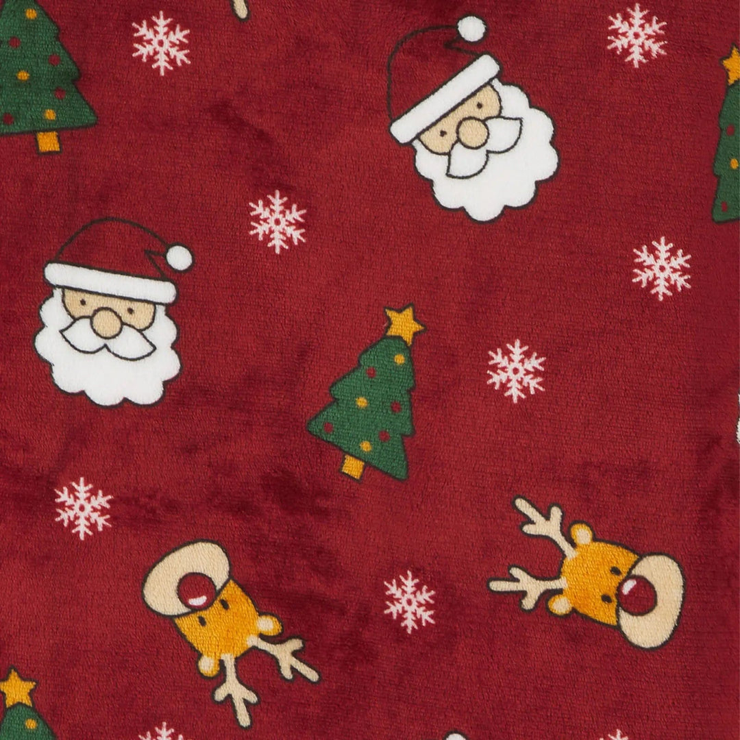 Close up of dark red fleece with Santa, reindeer and Christmas tree pattern