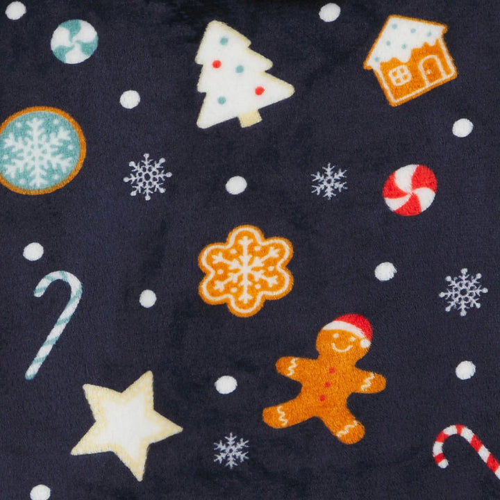 Close up of navy fleece with Christmas cookies pattern