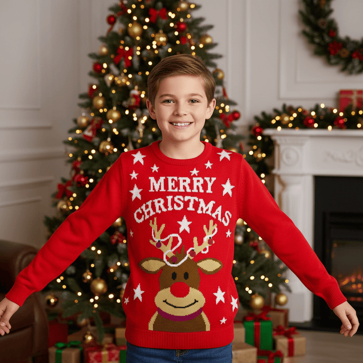 Kids Tangled Reindeer Christmas Jumper Red Rudolph Stars