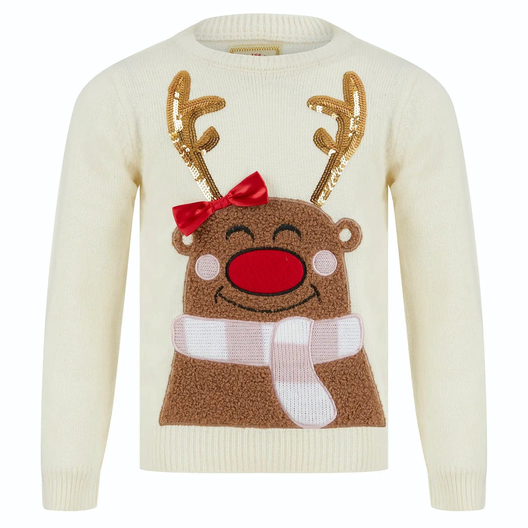 Cream Christmas jumper with reindeer design, gold sequins, red satin bow and brown fleece fabric body