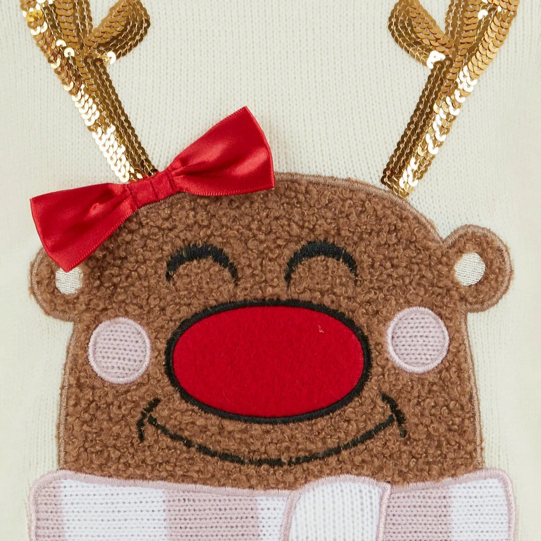 Close up detail of fluffy reindeer with red felt nose and gold sequin antlers on a Christmas jumper