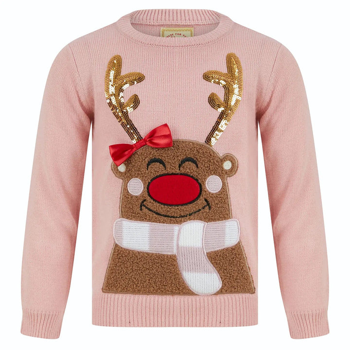 Pink Christmas jumper with reindeer design, gold sequins, red satin bow and brown fleece fabric body