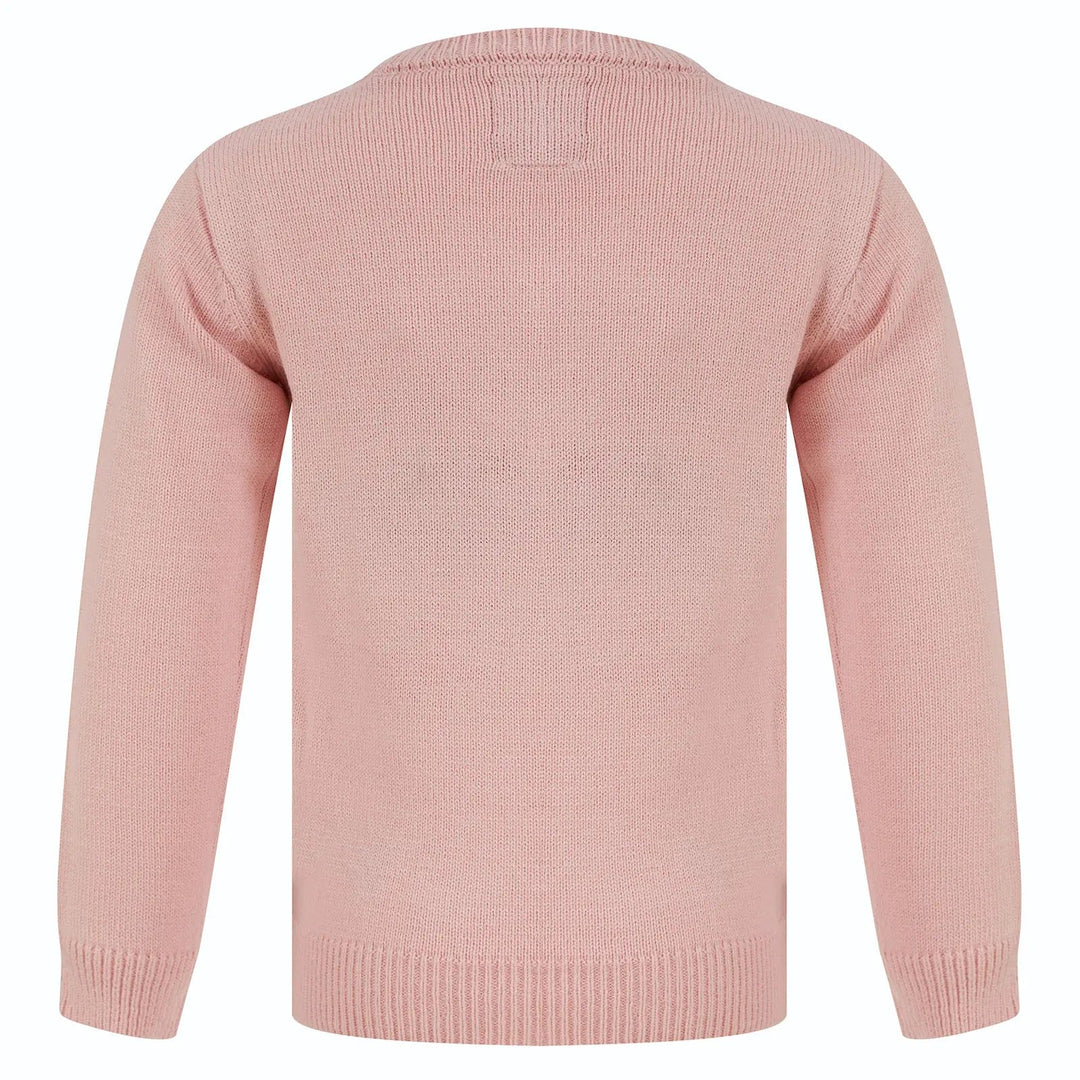 Back of a pink Christmas long sleeved jumper with round neck