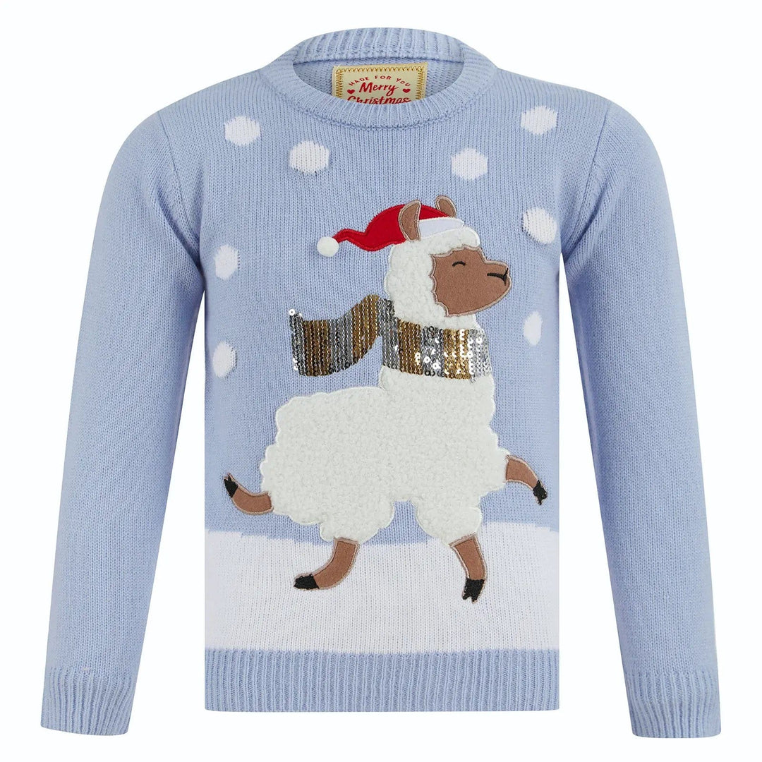 blue Christmas jumper with llama wearing a gold and silver sequin scarf and Santa hat