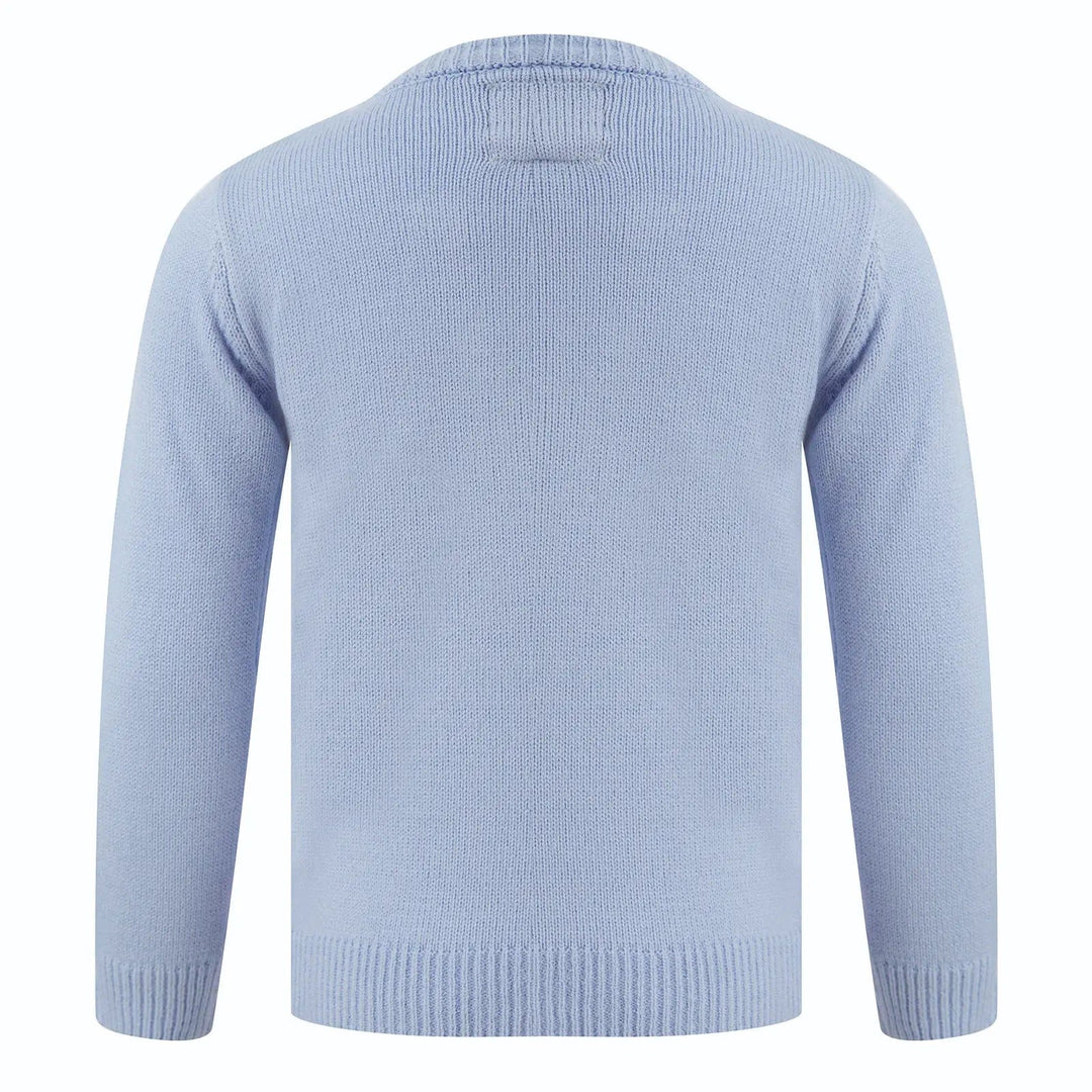 Back of a blue long sleeved jumper