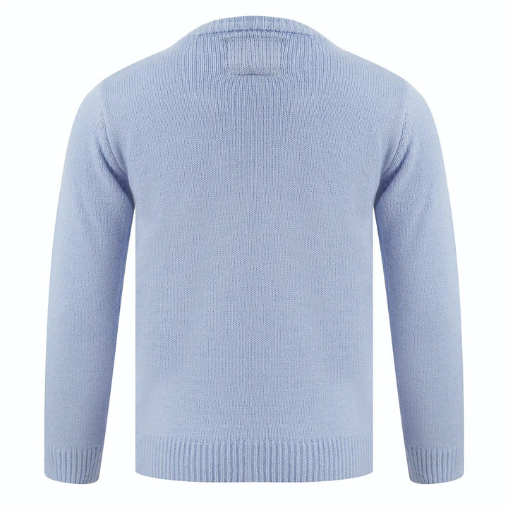 Back of a blue long sleeved jumper