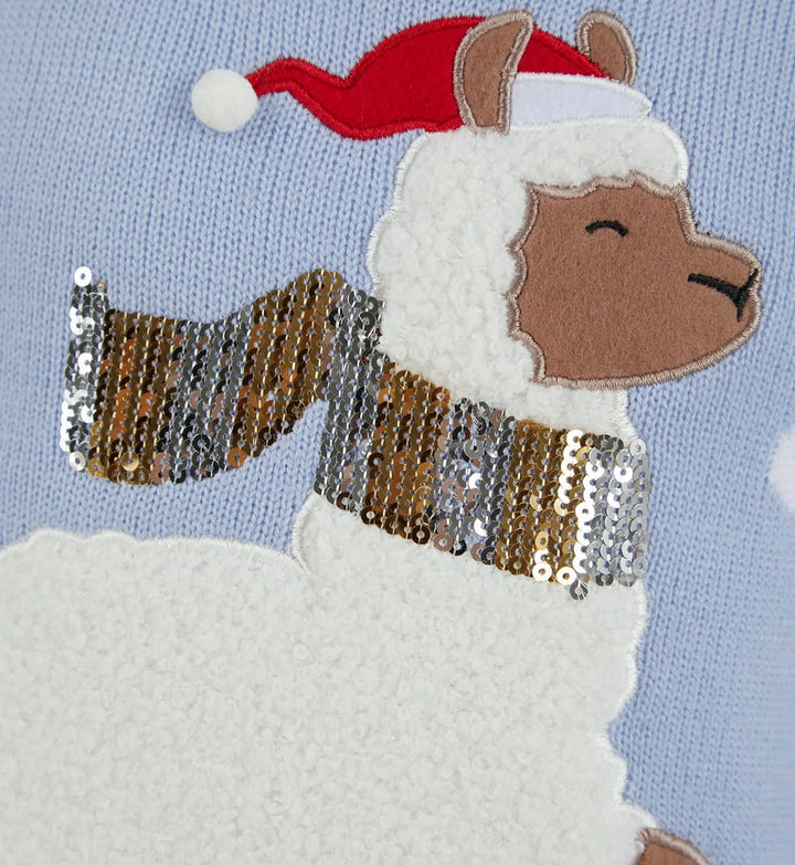 White fleece llama design on a blue Christmas jumper