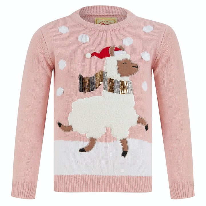 pink Christmas jumper with llama wearing a gold and silver sequin scarf and Santa hat