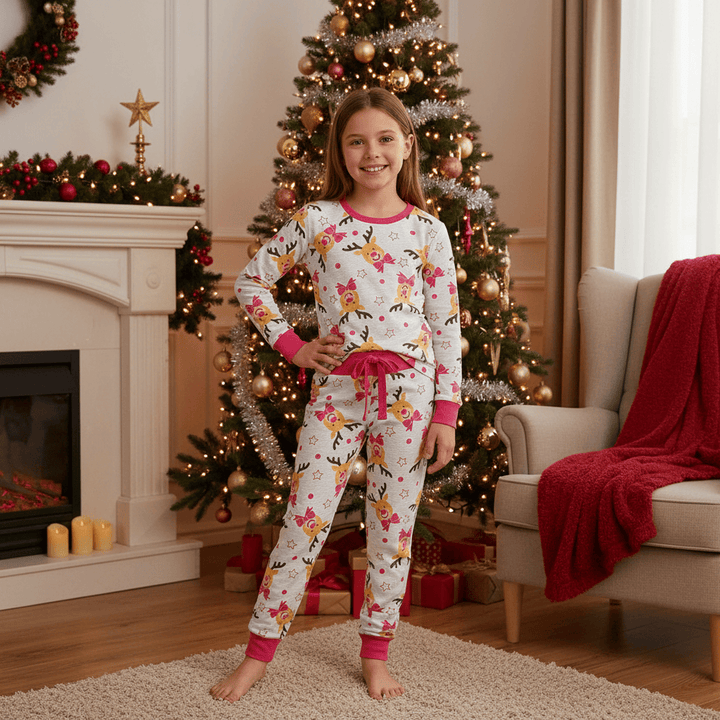 Kids Girls Christmas Pyjama Set Rudolph Print Navy Grey