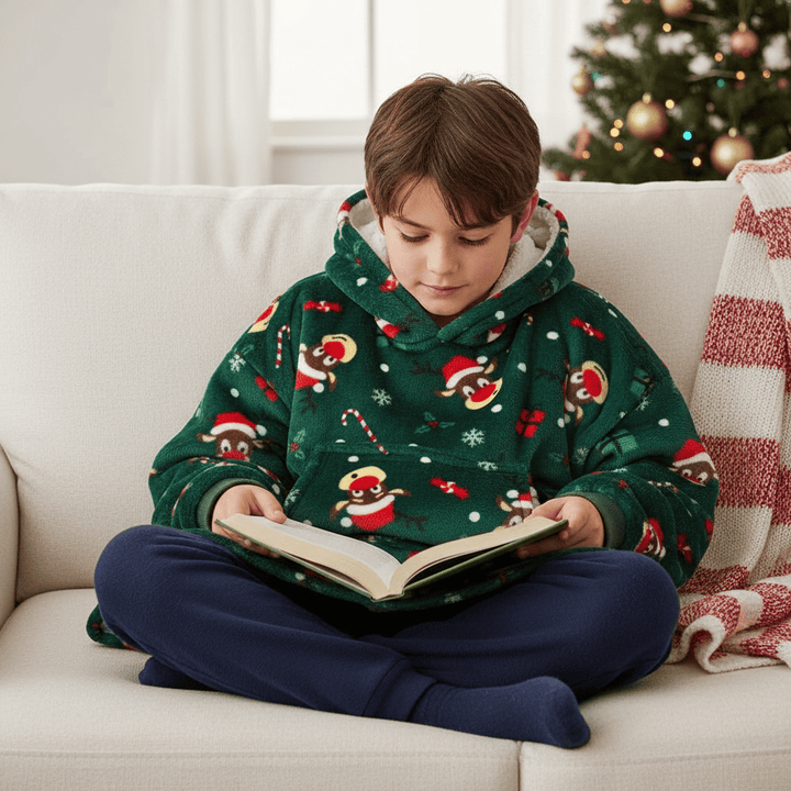 Kids Christmas Hoodie Blanket Festive Fleece Hooded Top One Size