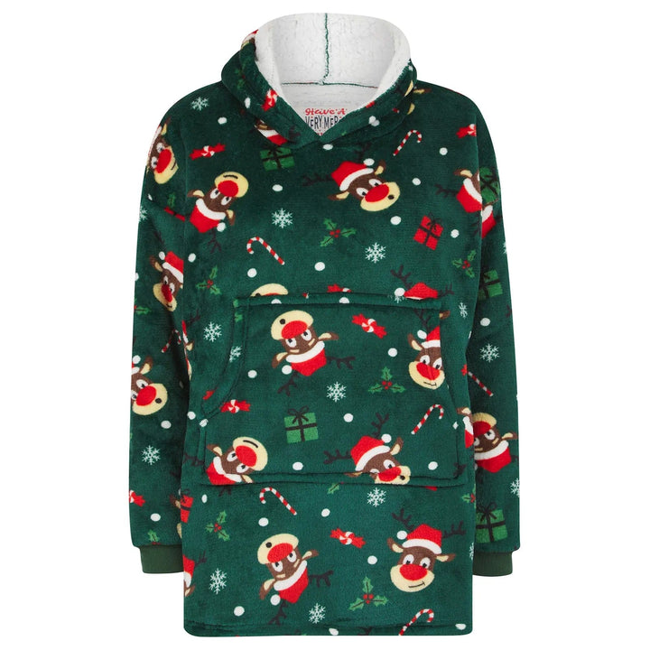 Kids Christmas hoodie blanket in dark green with reindeer heads, holly and candy cane pattern